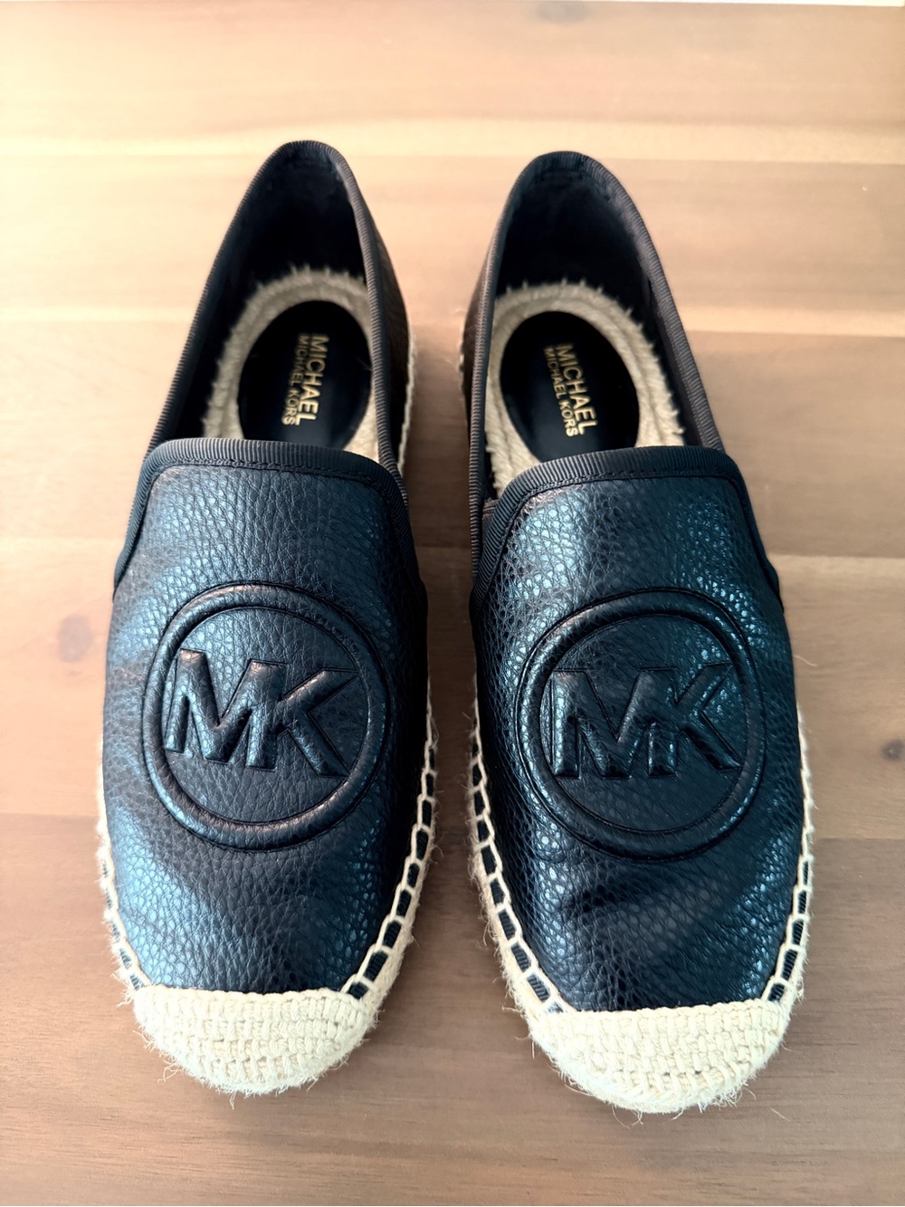 Michael Kors Black Leather MK Logo Espadrille Slip-Ons